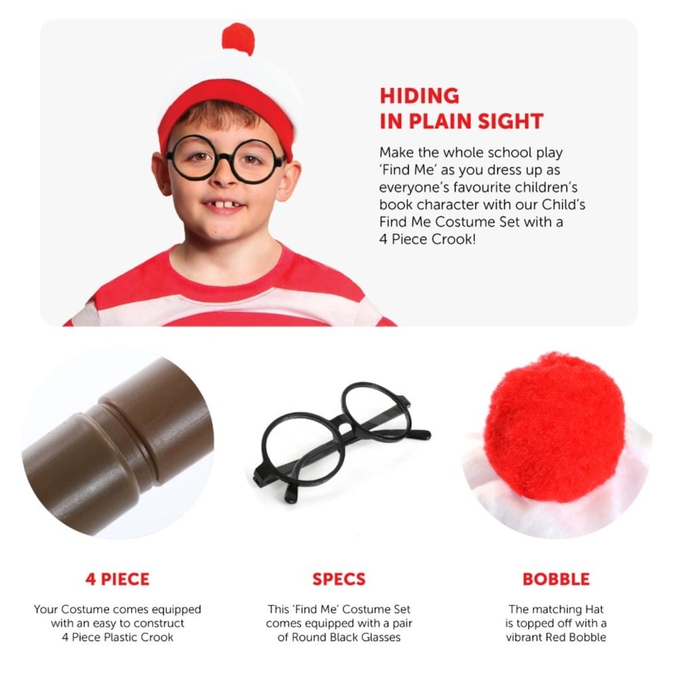 image 1 of Find Me - Top, Hat, Glasses & Crook - Wheres Wally Inspired Costume Red | XL