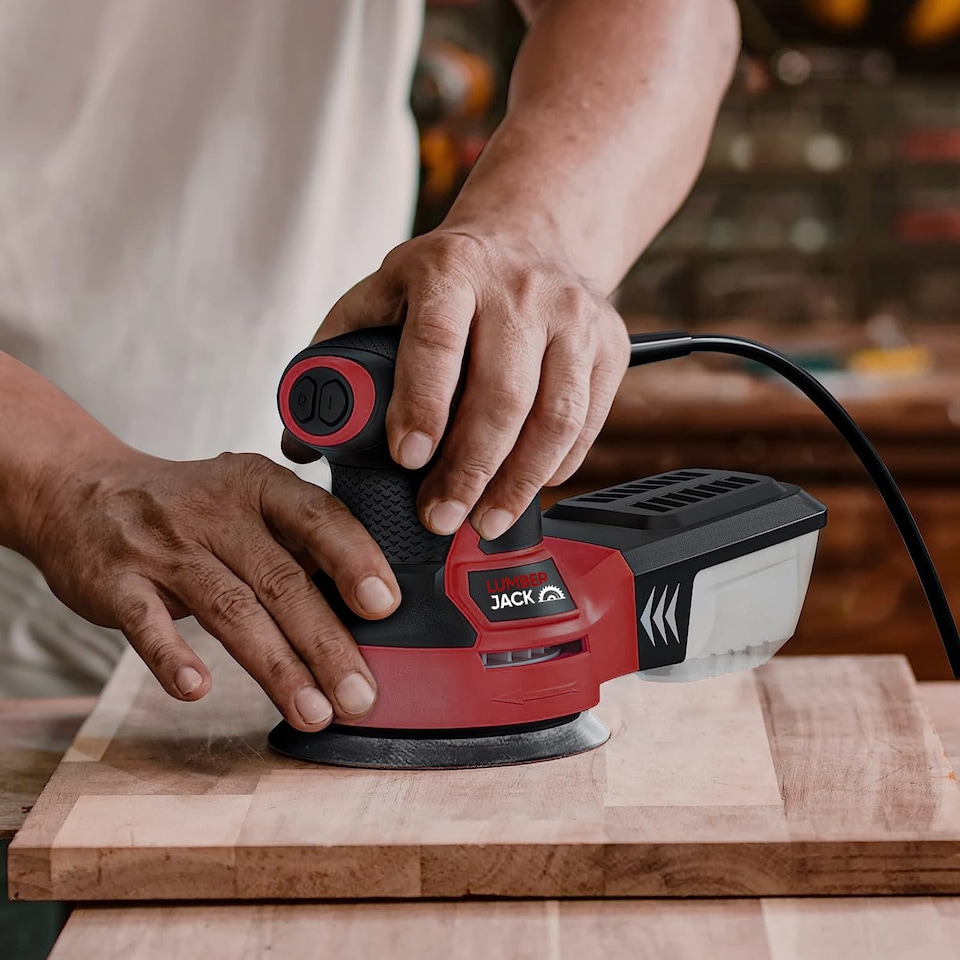 image 1 of Lumberjack Random Orbital Sander 350W 125mm Includes Dust Box & Sanding Pads Red