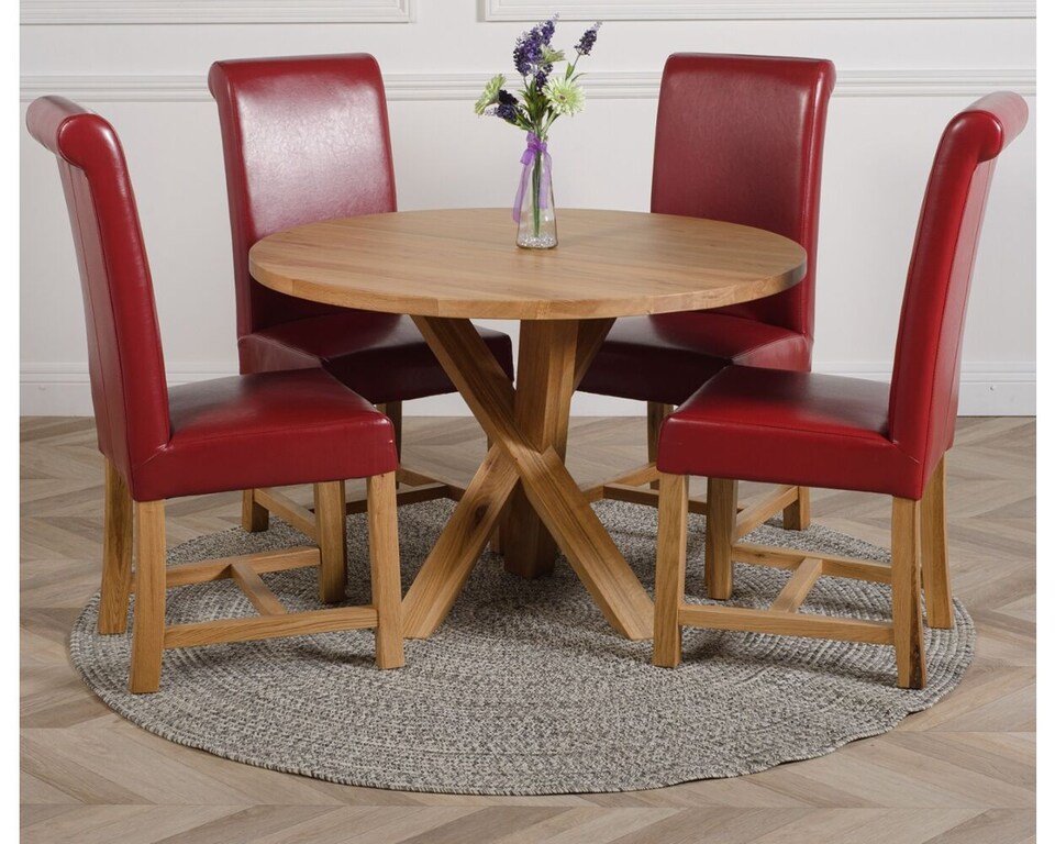 image 1 of Oregon Round Oak Dining Table and 4 Washington Leather Chairs | Red | Red | 1