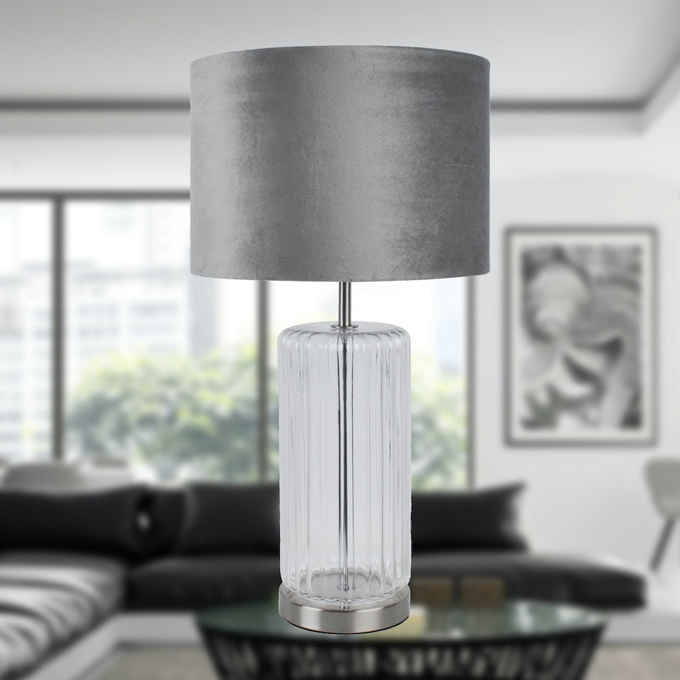 image 1 of First Choice Lighting Clear Fluted Glass Lamp with Grey Velvet Shade Chrome | Grey