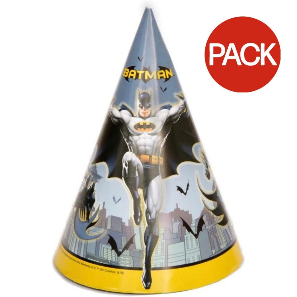 Batman Logo Party Hats (Pack of 8) - Grey/Yellow/Black - One Size