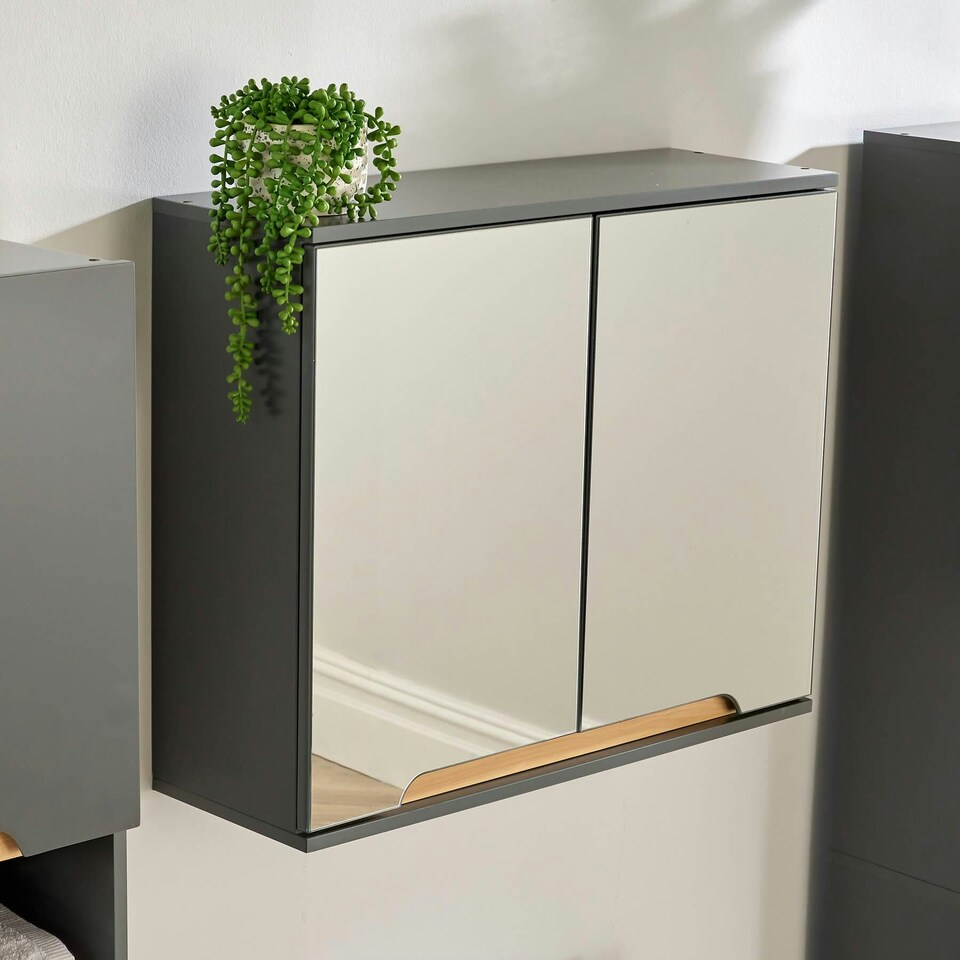 image 1 of Bathroom Cabinet Wall Mounted Mirrored Vanity Storage Organiser Grey