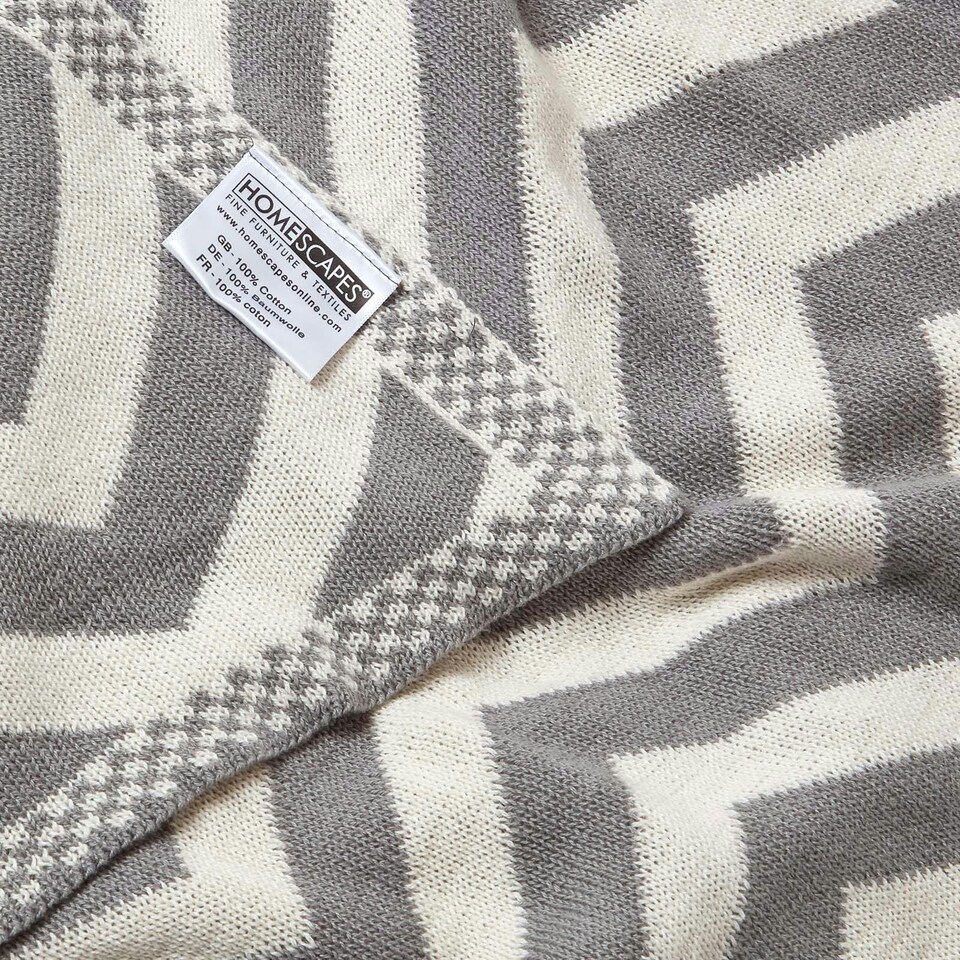 image 1 of Homescapes Grey Chevron Cotton Knitted Throw - 150 x 200 cm | Grey