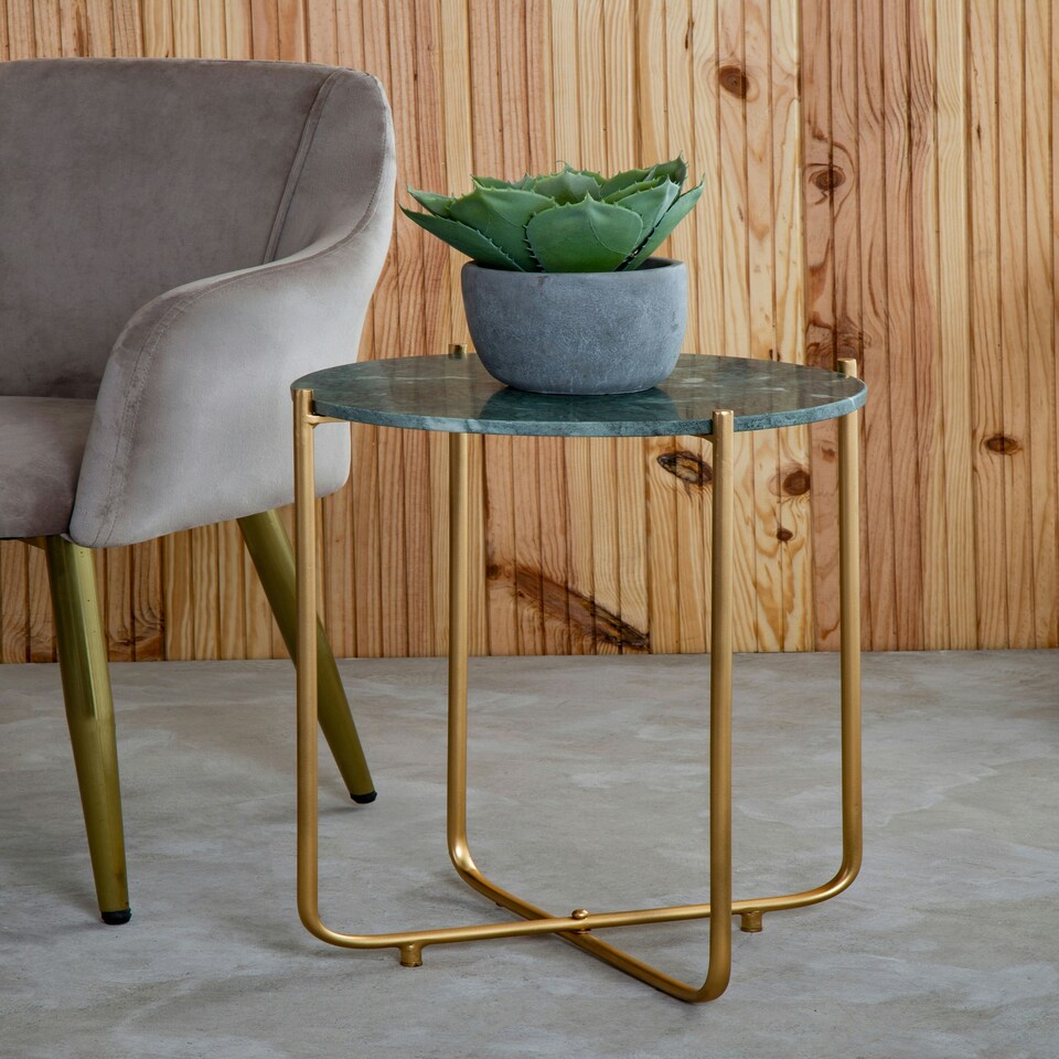 image 1 of Interiors by Premier Marble Top Green Side Table, Open Design Frame Bedside Table, Round End Table for Living Room, Lounge Green