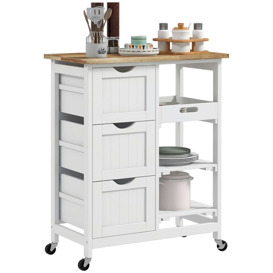 image 1 of HOMCOM Rolling Kitchen Island Cart, Bar Serving Cart, Compact Trolley White