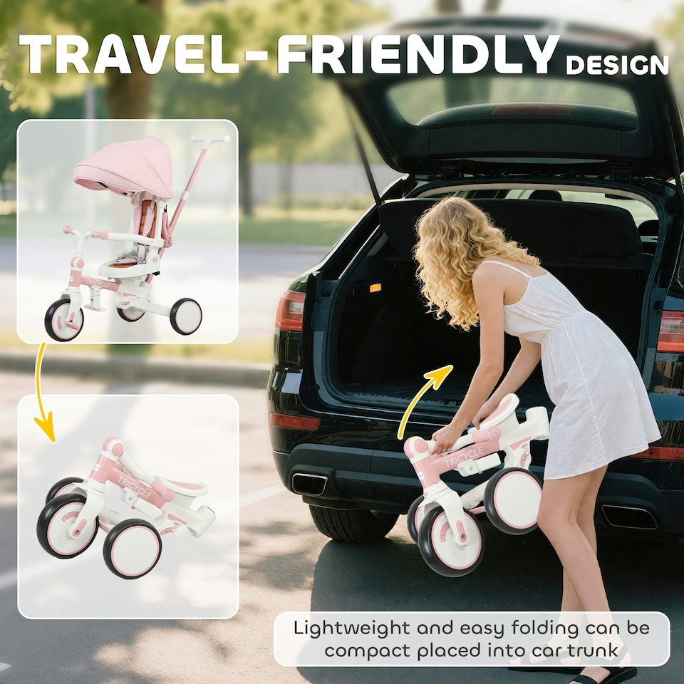 image 1 of AIYAPLAY 5 in 1 Foldable Kids Trike, Toddler Tricycle for 1-3 Years, Pink