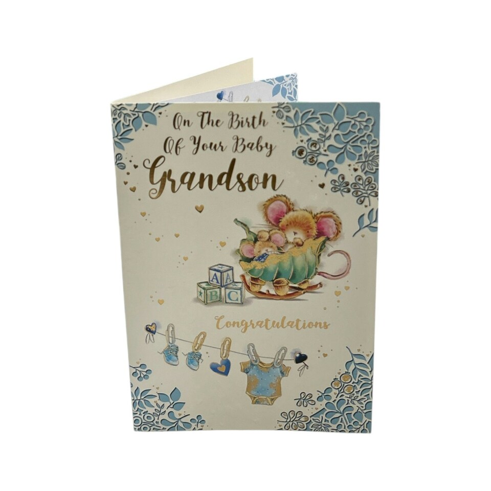 image 1 of On Birth Grandson Cute Mouse With Alphabet Blocks Design Congratulations Card