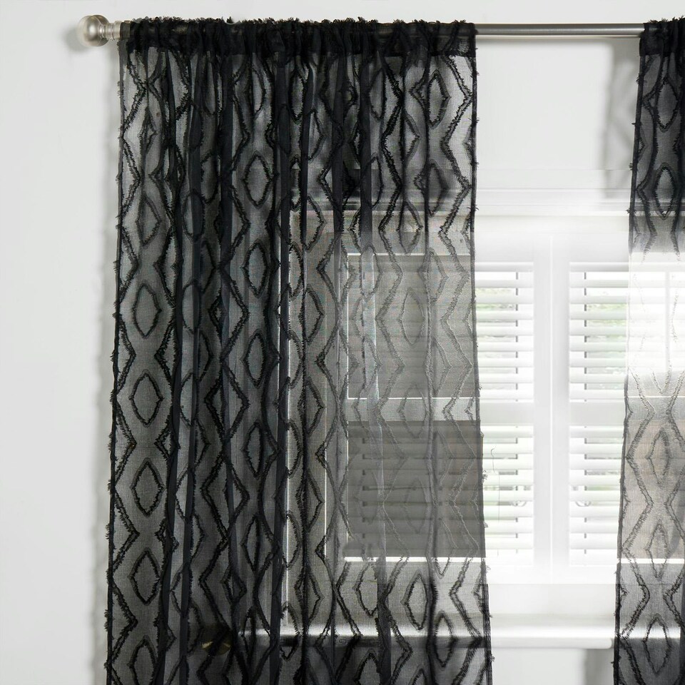 image 1 of OHS Diamond Tufted Textured Slot Top Sheer Net 2 Panel Voile Curtains, 55x87" - Black