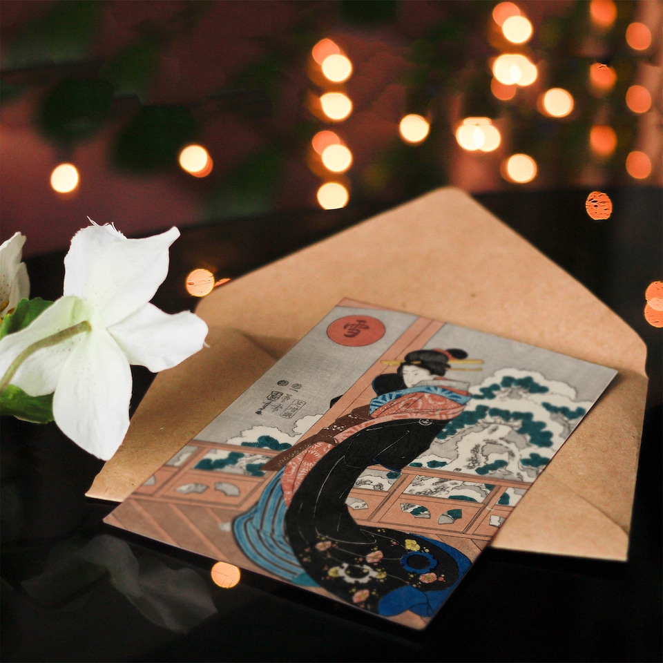 image 1 of Kuniyoshi Art Card Beauty on a Veranda Vintage Japanese Ukiyoe