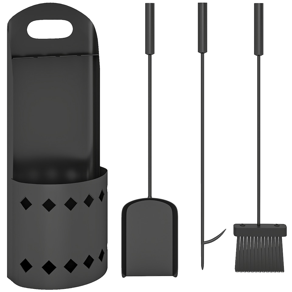 image 1 of Outsunny 4 Pieces Fireplace Companion Set, Metal Fireplace Accessories Fireside Companion Set with Broom, Shovel, Poker, Bucket, Black