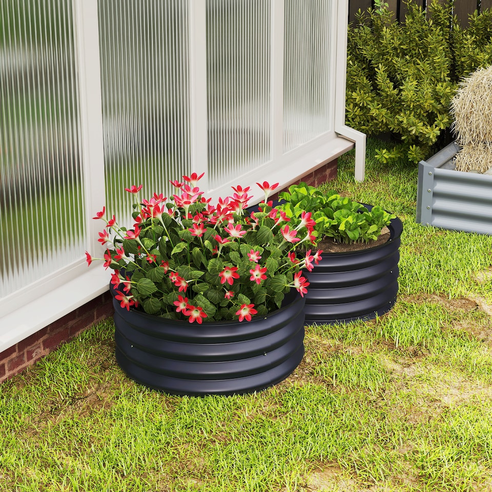 image 1 of Outsunny Set of 2 Raised Garden Bed Metal Planter Box with Safety Edging, Grey