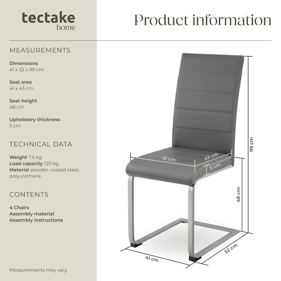 image 1 of Dining Chairs - cantilevered, high backrest, flat steel frame - Set of 4 Grey