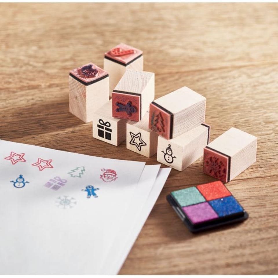 image 1 of MidOcean Stampie Wooden Christmas Ink Stamp Set (Pack of 8) - Beige/Multicoloured - One Size