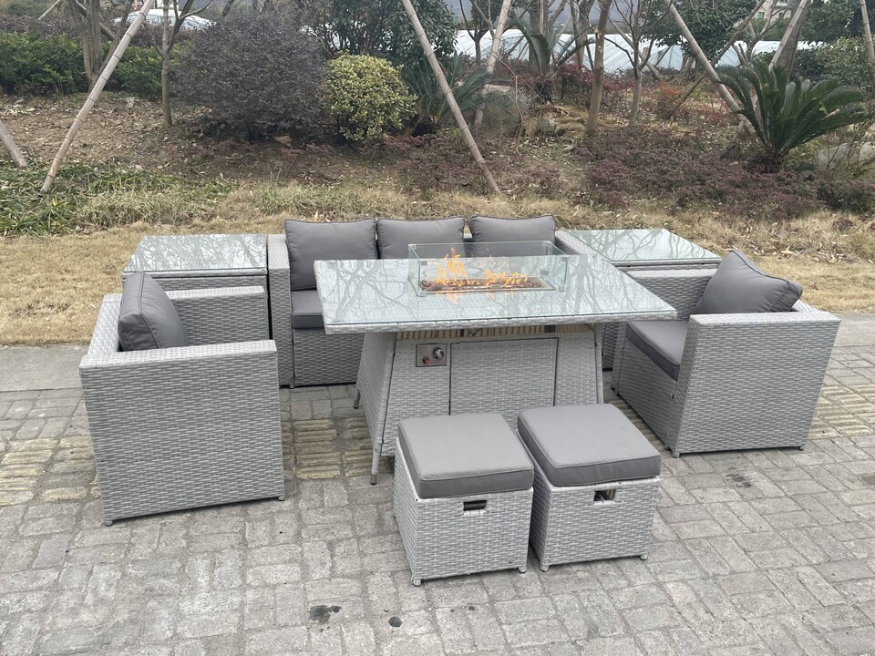 image 1 of Fimous Rattan Garden Furniture Set Gas Fire Pit Lounge Sofa Chair Dining Set With 2 Side Table And 2 PC Arm Chair 2 Stools