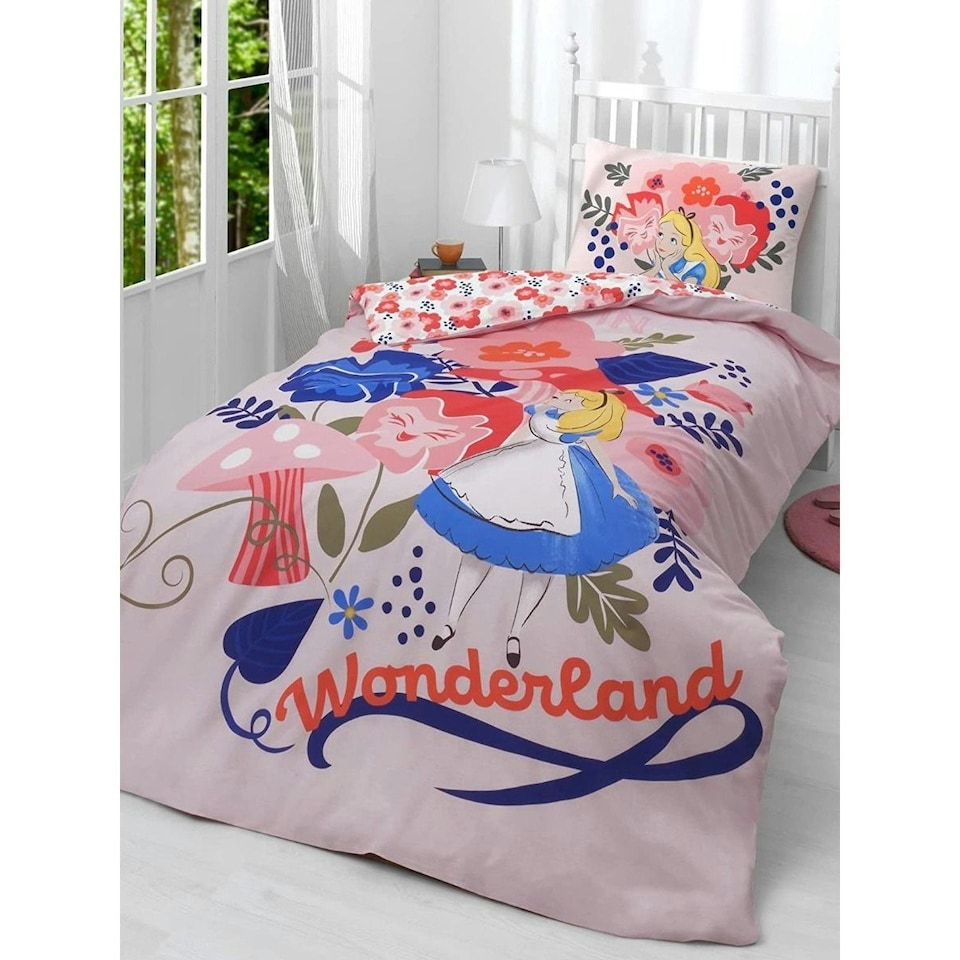 image 1 of Alice In Wonderland Duvet Cover Set - Pink/White/Blue - Single Pink | Single