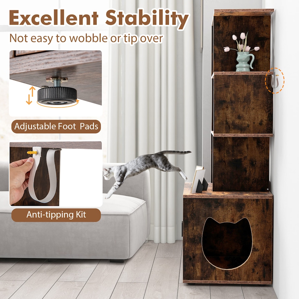 image 1 of COSTWAY Cat Litter Box Enclosure 142cm Tall Hidden Cat Washroom Furniture-Brown