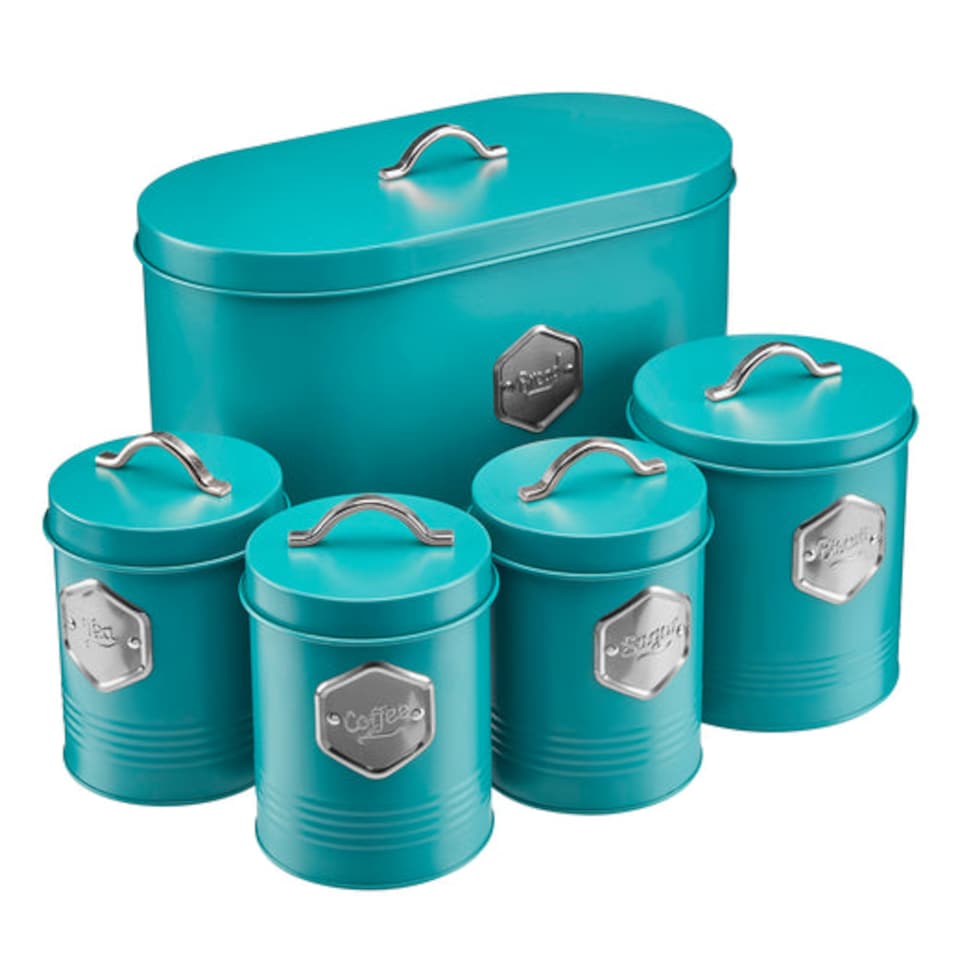 image 1 of Cooks Professional 5 Piece Kitchen Storage Set – Tea, Coffee, Sugar, Bread & Biscuit Tins | Blue | Teal & Silver