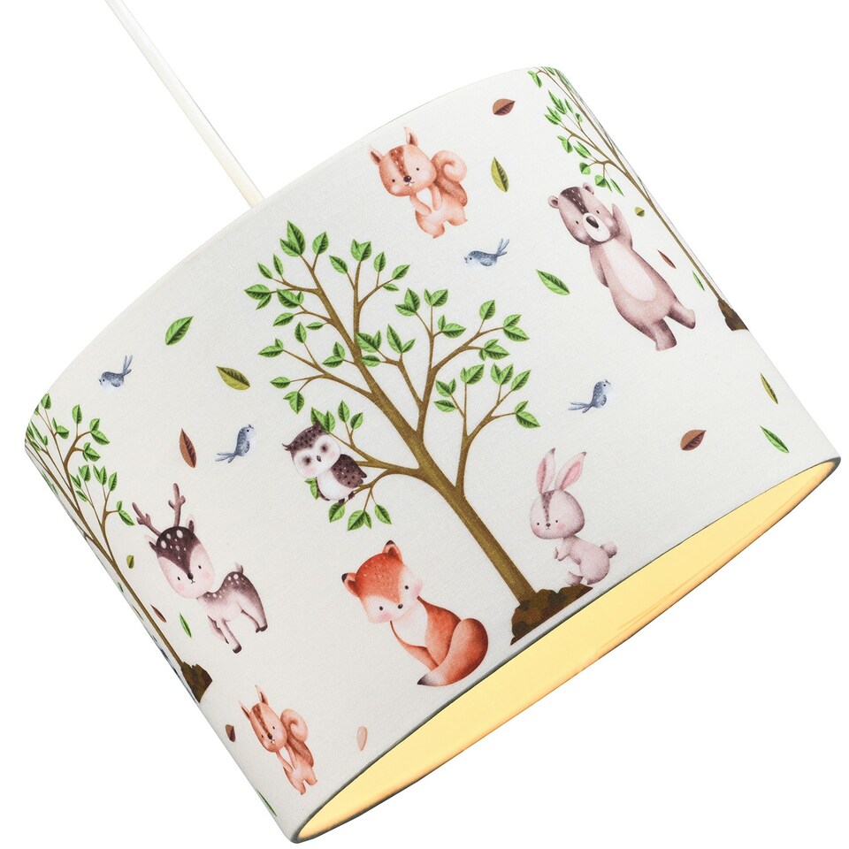 image 1 of Cute Woodland Animals Round Lamp Shade in Cotton Fabric - Foxes Owls Rabbits