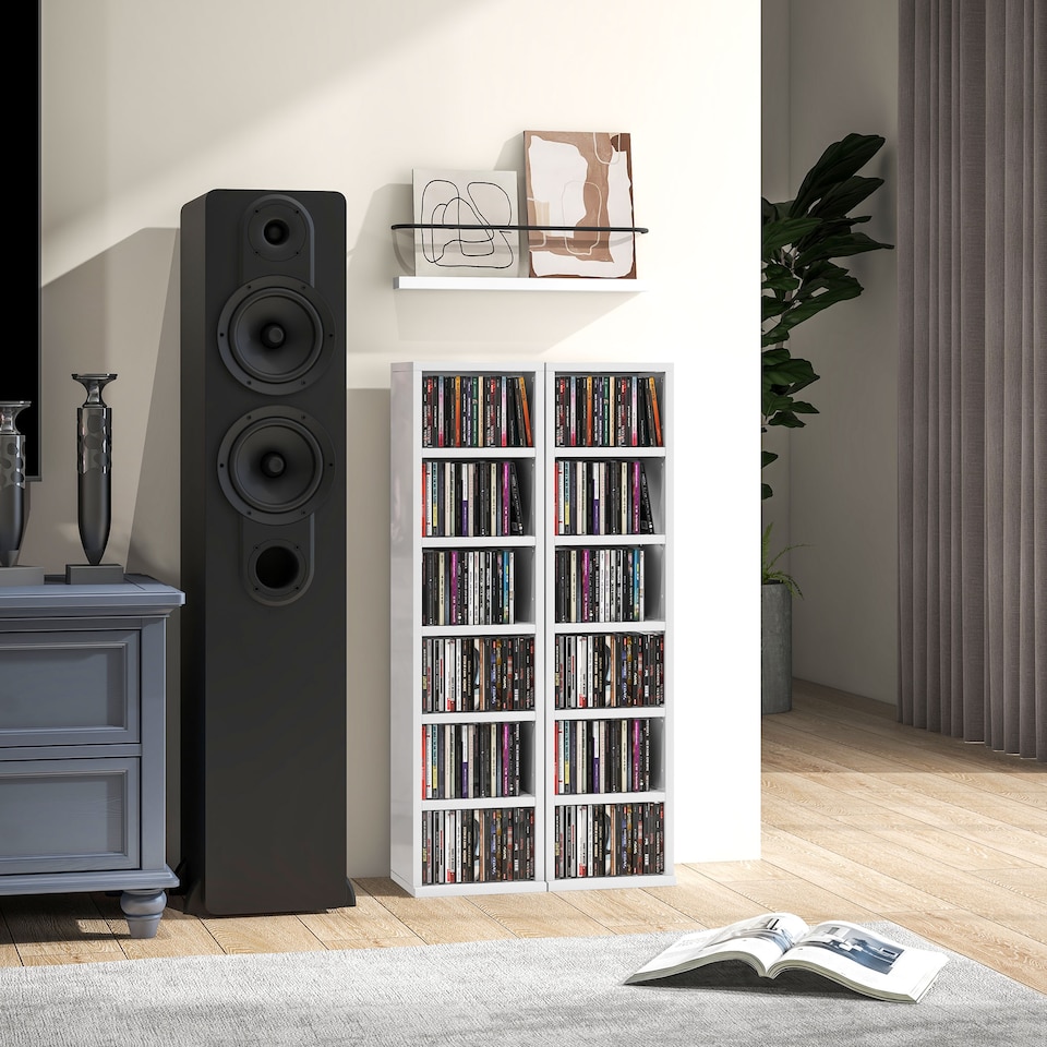 image 1 of HOMCOM 204 CD Media Display Shelf Unit Set of 2 Blu-Ray Tower Rack w  Adjustable Shelves Bookcase Storage Organiser, High Gloss White