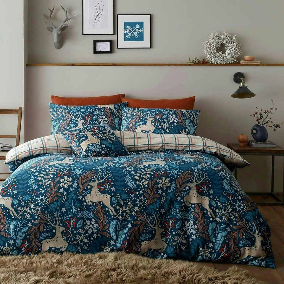 image 1 of Winter Stags Duvet Cover Set Blue Single Blue | Super King