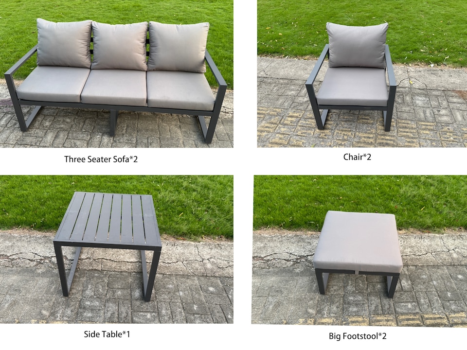 image 1 of Fimous Garden Aluminium Furniture Set Dark Grey 10 Seater Outdoor Patio Adjustable Rising Lifting Dining Table with 2 Big Footstools Side Table Dark Grey