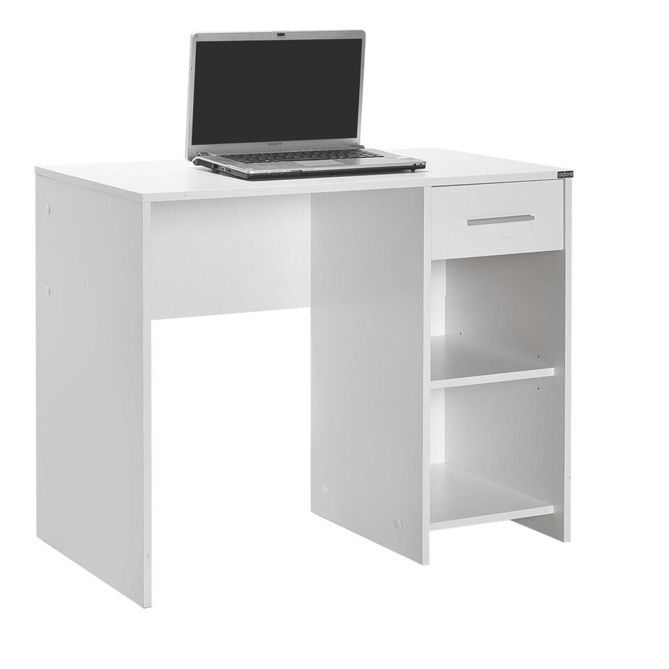 image 1 of Adore Matt White Study Desk with Drawer & Shelves White