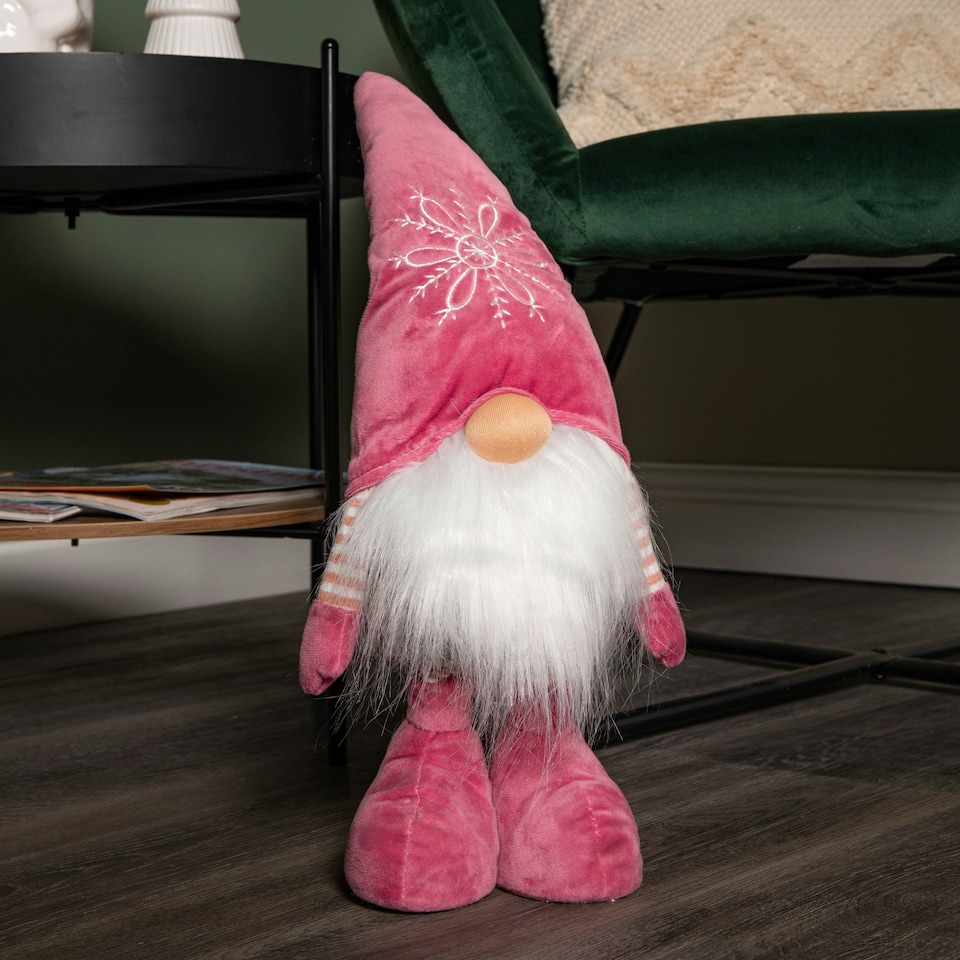 image 1 of 74cm Pink Standing Christmas Gonk Decoration with Extendable Legs and Snowflake Hat