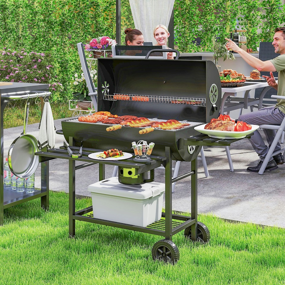 image 1 of Outsunny Charcoal BBQ Grill with Warming Rack Shelves Temperature Gauge