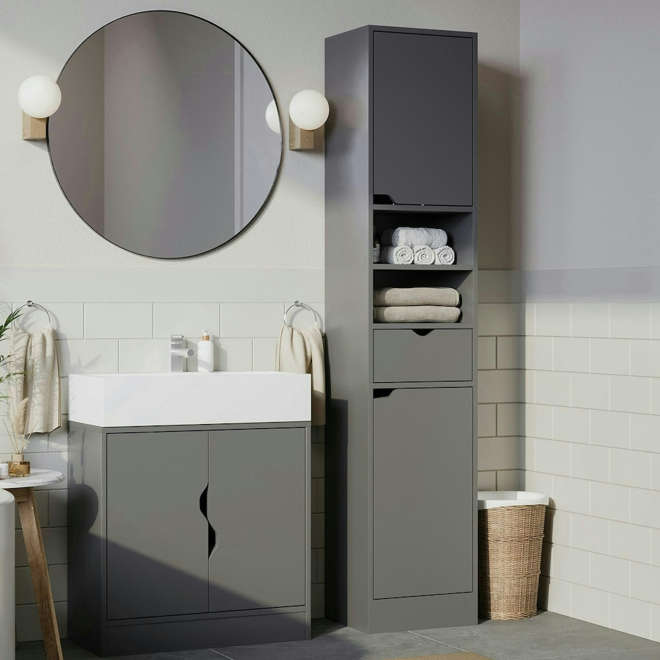 image 1 of 2 Door 1 Drawer Bathroom Cabinet | White | Oak / Oak