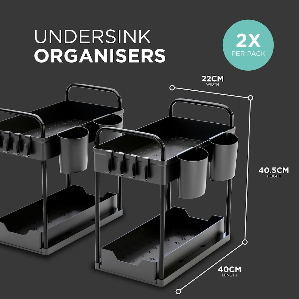 image 1 of DMD 2 Pack Under Sink Storage Kitchen Organiser with Pull Out Shelf Black