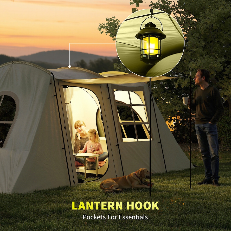 image 1 of Outsunny 3-4 Man Tunnel Tent with Sewn in Floor, 3000mm Waterproof | Cream | Khaki