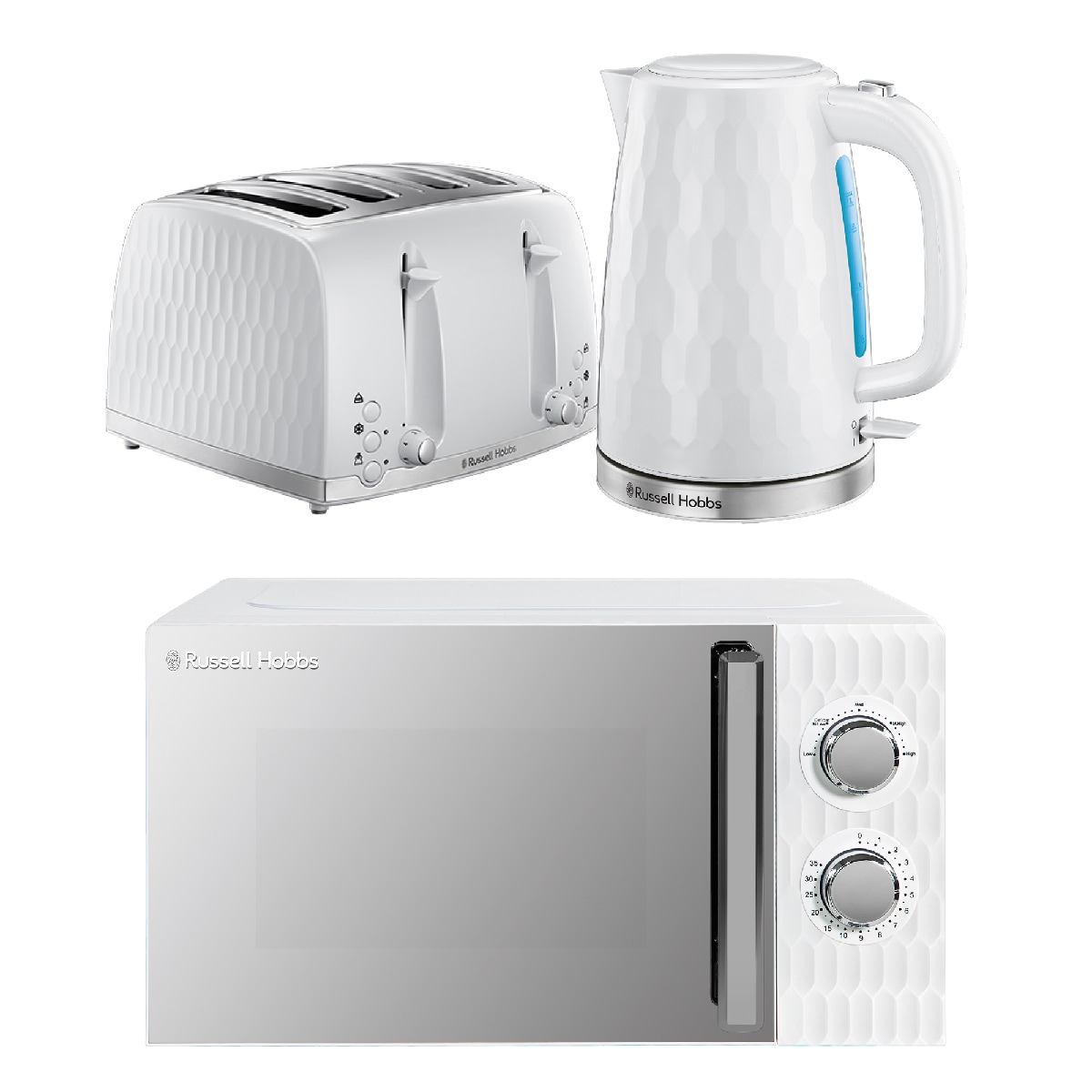 Russell Hobbs Honeycomb Bundle Set with Kettle, 4 Slice Toaster, and Microwave White HCBNDL4W