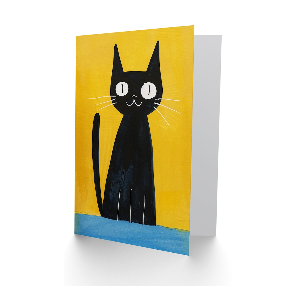 image 1 of Quirky Black Cat Lover Bold Yellow Blue Painting Birthday Card