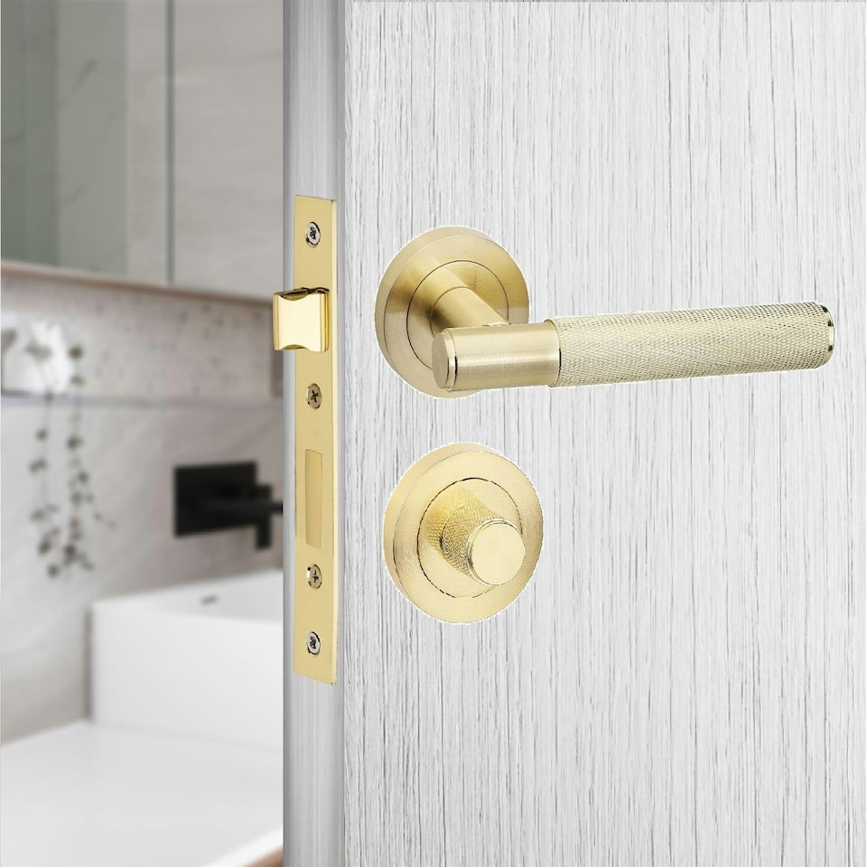image 1 of Golden Grace Knurled T-Bar Bathroom Door Handle Set in Satin Brass with Thumbturn and Mortise Lock Gold