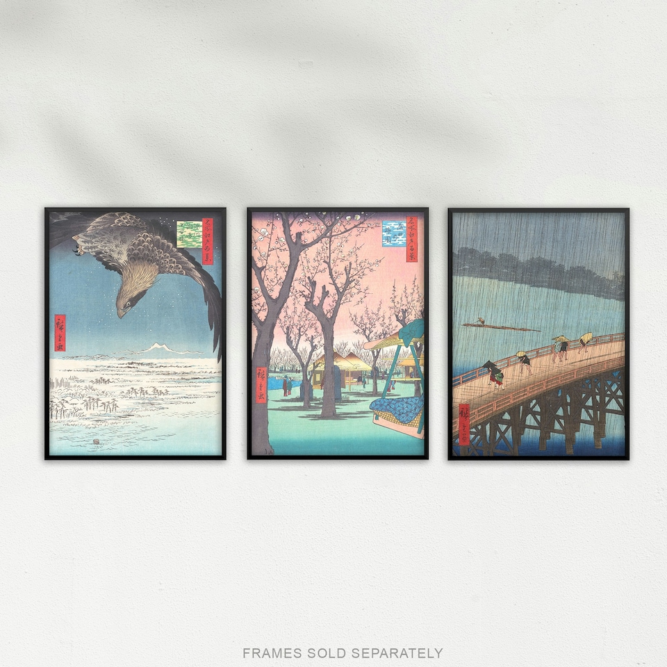 image 1 of Set of 3 Hiroshige Views of Edo Blue Green Japanese A4 Wall Art Prints | Blue