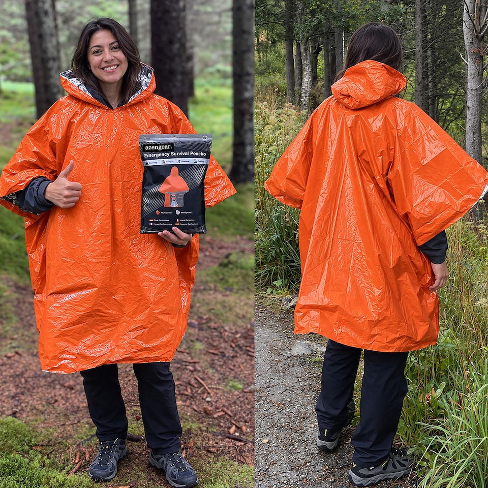 image 1 of aZengear Emergency Survival Poncho (4pc) Thermal Mylar Foil Coating Blanket for Heat Retention, Rain, Waterproof Outdoor Kit