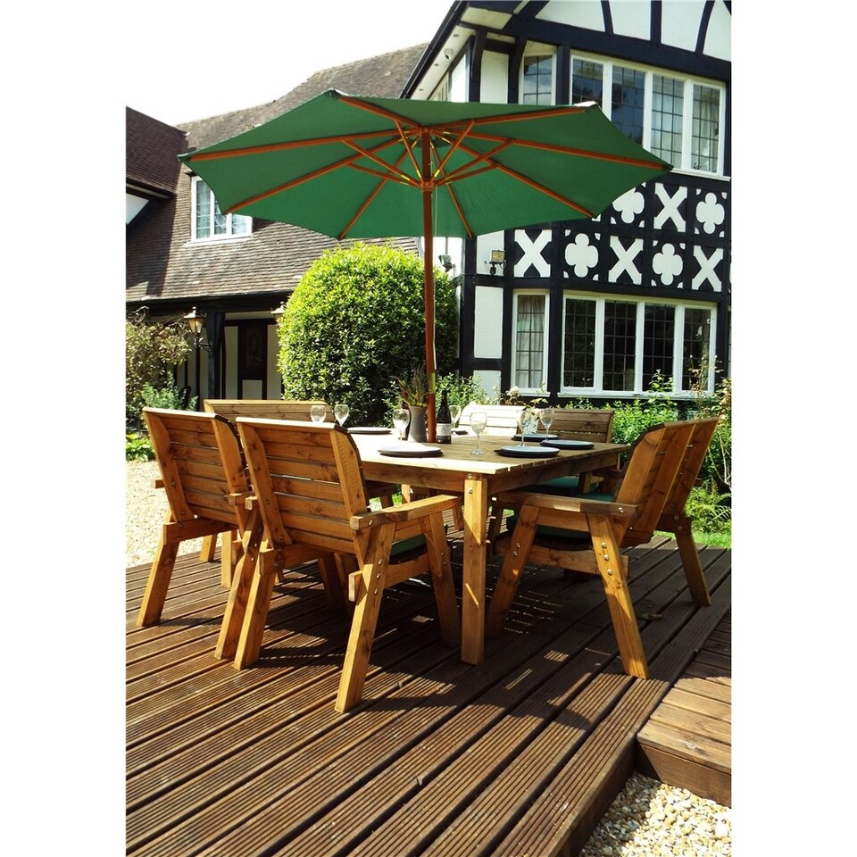 image 1 of Traditional Eight Seater Table Set with 2 x Bench Cushion, 4 x Chair Cushion, 1 x Green Parasol & Base & 1 x Cushion Storage Bag