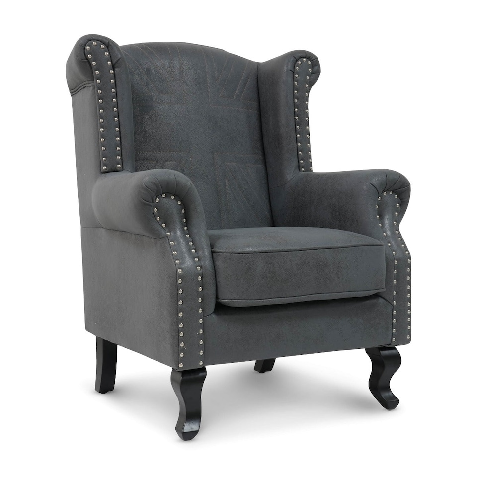 image 1 of Faux Leather Suede Grey Britannia Wing Back Chair with Union Jack Flag