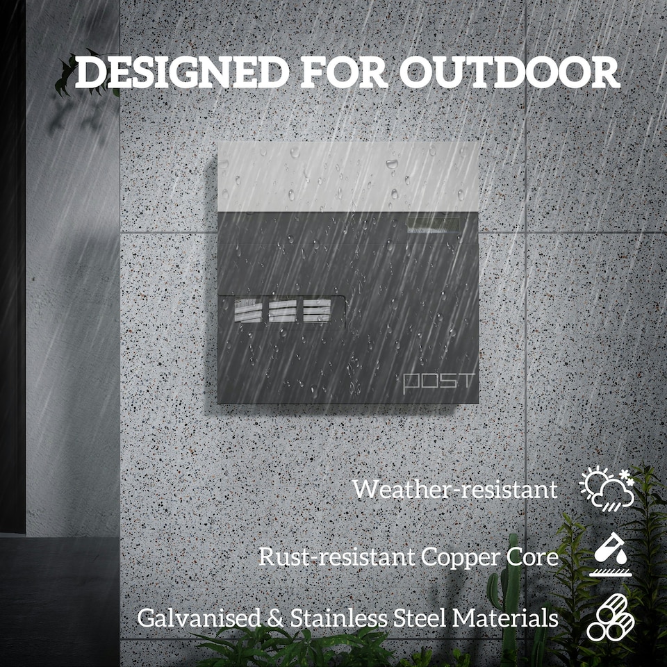 image 1 of HOMCOM Wall Mounted Post Box, Weatherproof Letterbox with Lock, Grey Black
