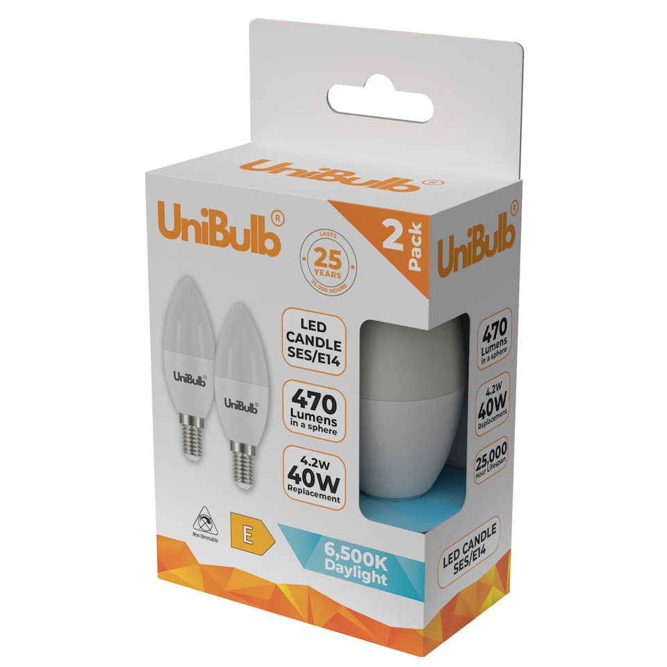 image 1 of UniBulb LED Candle E14 (SES) 470lm 4.2W 6500K (Daylight) Light Bulb - Pack of 2 | White | Daylight | 2