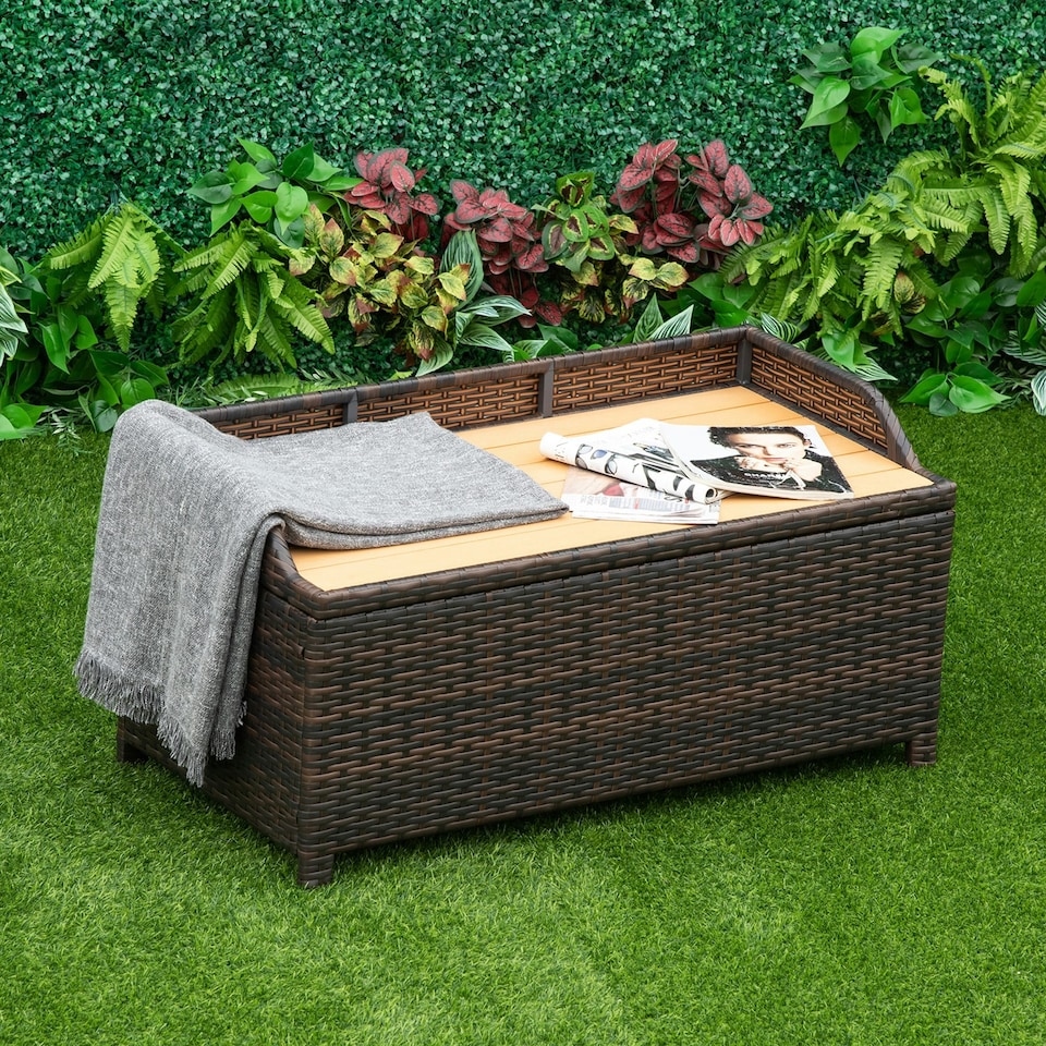 image 1 of Outsunny PE Rattan Outdoor Storage Bench, Aluminium Garden Bench with Storage Underneath with Zipped Inner Lining, Rods for Deck, Mixed Brown