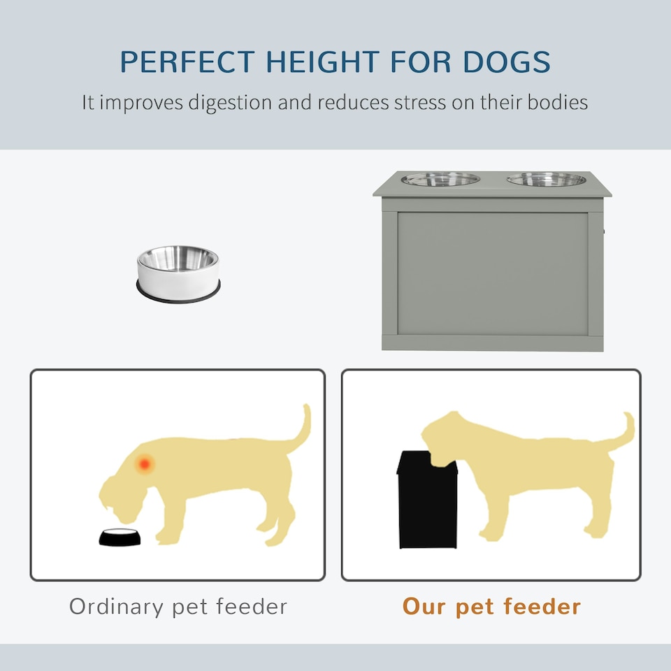 image 1 of PawHut Raised Pet Bowls w/ Storage, Two Stainless Bowls, Elevated Base - Grey