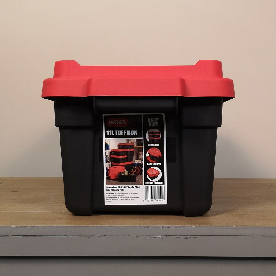 image 1 of 11L Black and Red Small Tuff Stackable Storage Box with Lid and Carry Handles | Multi | Black / Red