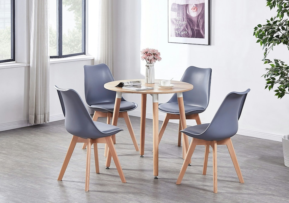 image 1 of 5PCs Dining Set - an Oak Round Dining Table & Set of 4 White Lorenzo Tulip chairs with Padded Seat | Grey