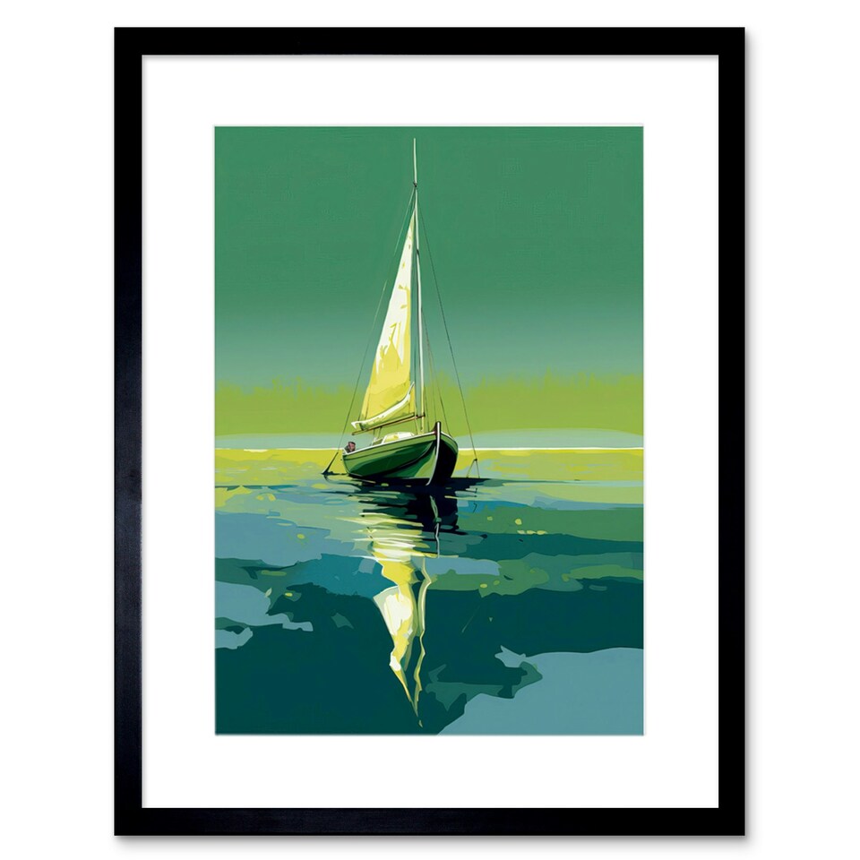image 1 of A Sailboat a Calm Sea Under a Cloudless Sky 9x7" Black Framed Wall Art Print
