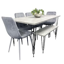 Grey Dining Table with Hairpin Legs, Bench & 4 Grey Velvet Chairs Set for Kitchen & Dining Room Grey