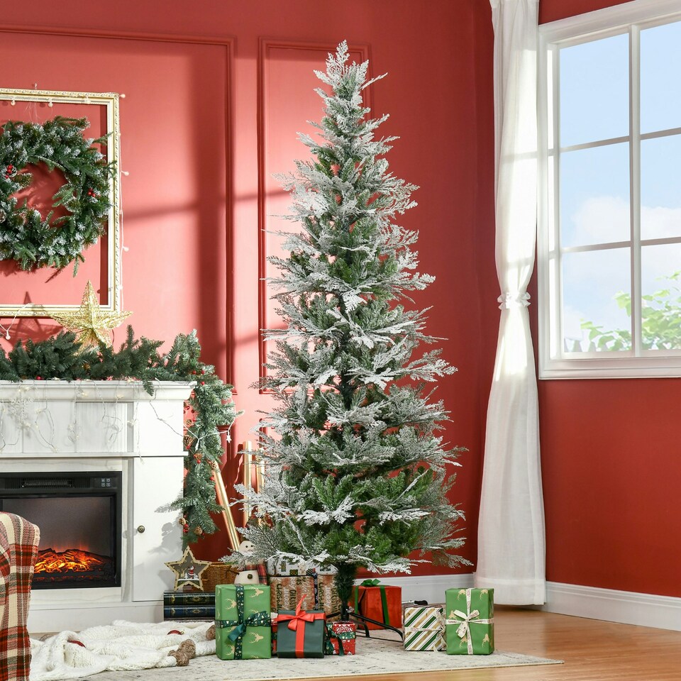 image 1 of HOMCOM 7 Foot Snow Flocked Artificial Christmas Tree Holiday with Pencil Shape