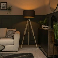 ValueLights Clipper Distressed Wood and Silver Chrome Tripod Floor Lamp with Charcoal Grey Drum Shade