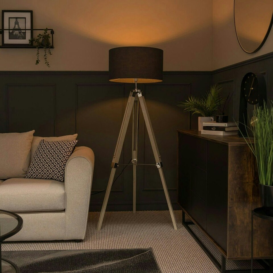 image 1 of ValueLights Clipper Distressed Wood and Silver Chrome Tripod Floor Lamp with Charcoal Grey Drum Shade