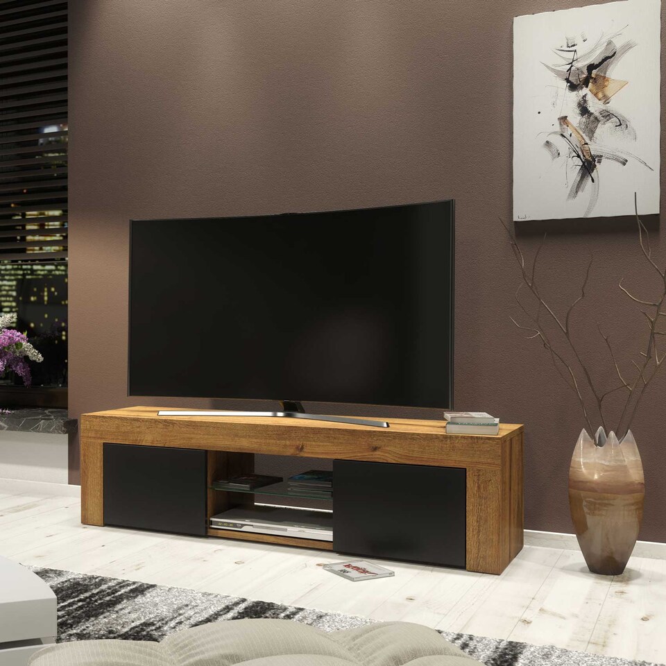 image 1 of TV Unit TV Stand Oak Black Media Console Sideboard Storage Cabinet 130cm